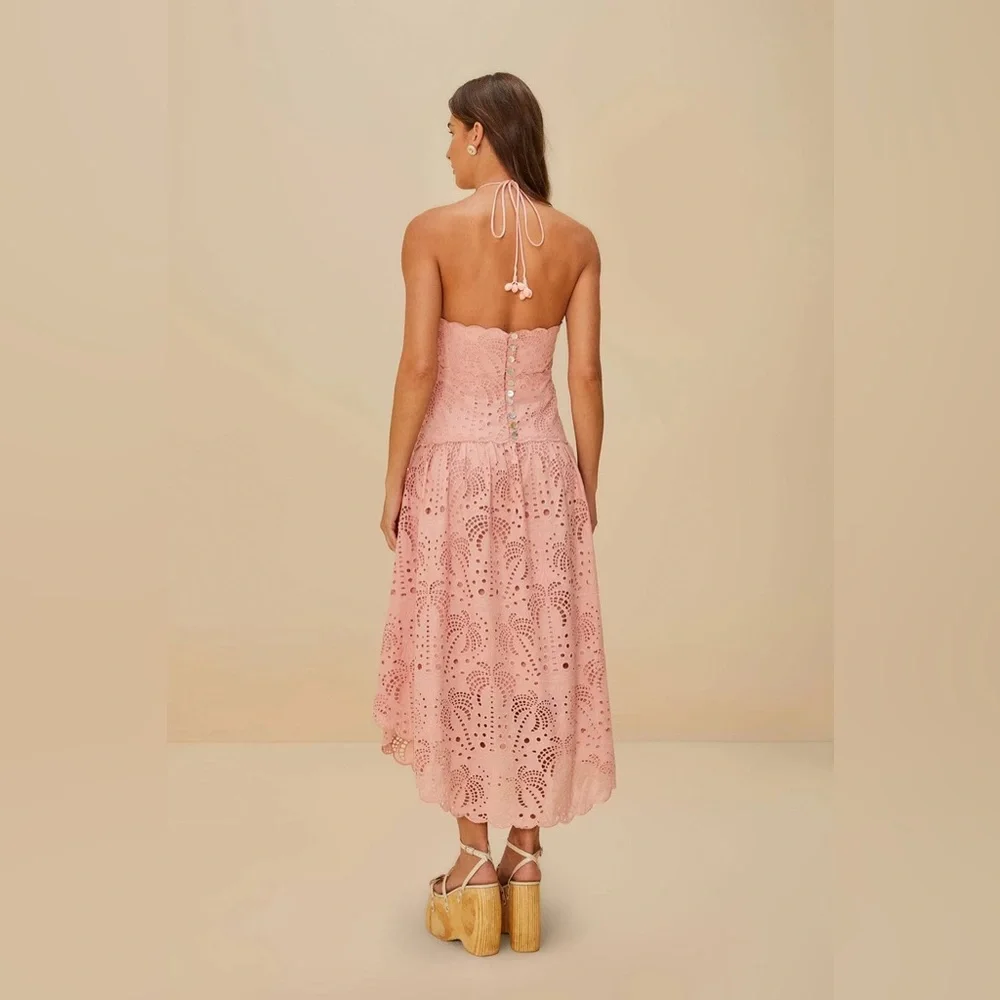 FARM RIO Blush Pink Palm Tree Eyelet Midi Dress - Picture 4 of 4